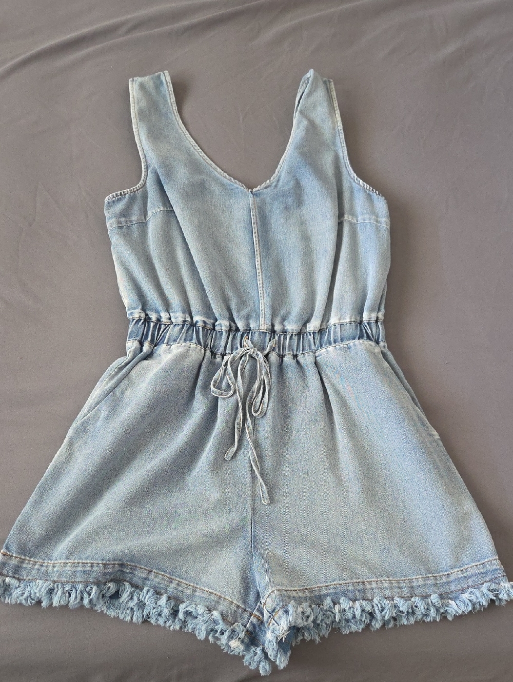 Light Blue Denim Kids Romper with Drawstring Waist